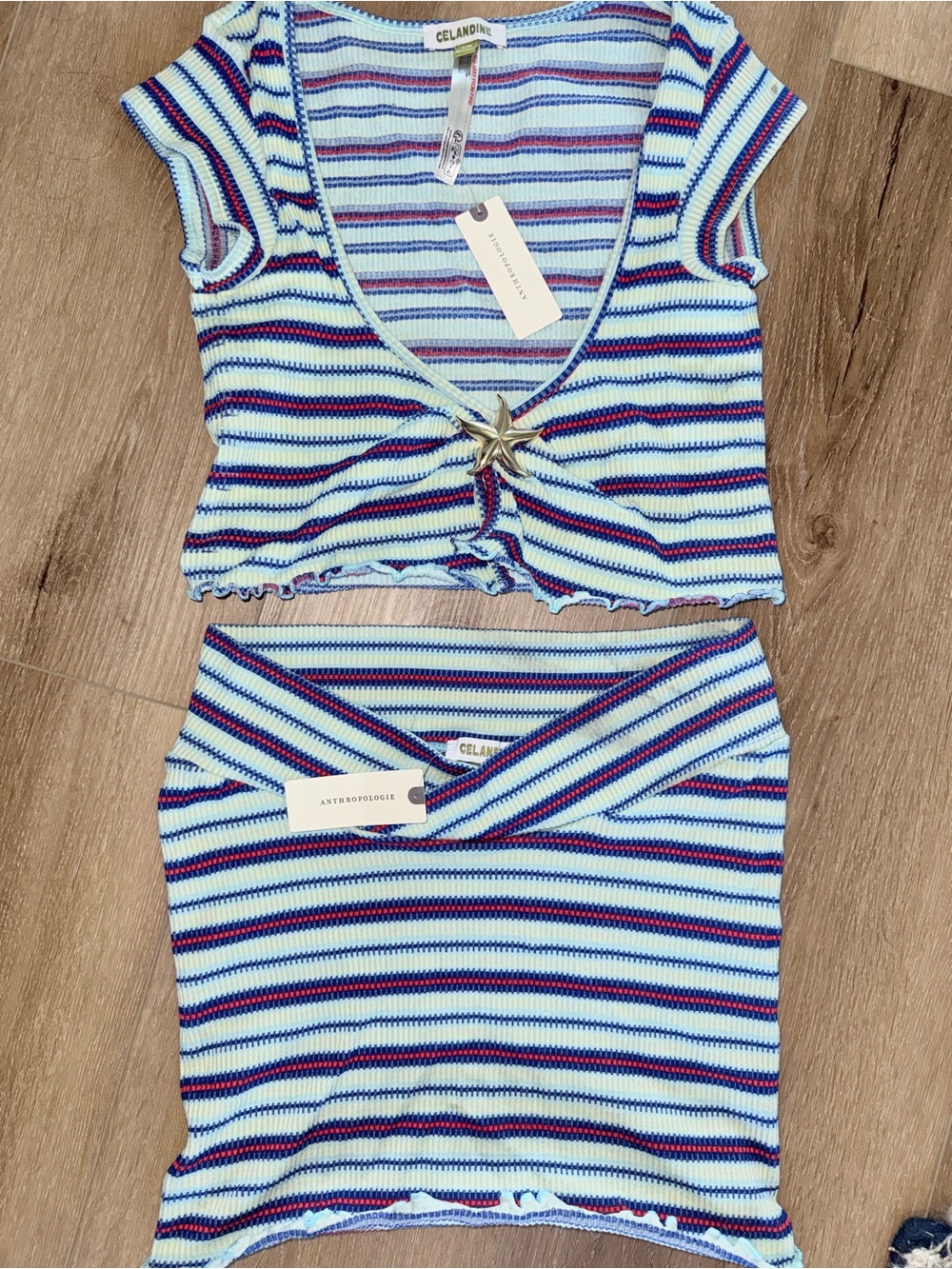 NWT Celandine Blue Stripe Ribbed Crop Top Skirt Set Outfit Anthropologie S M